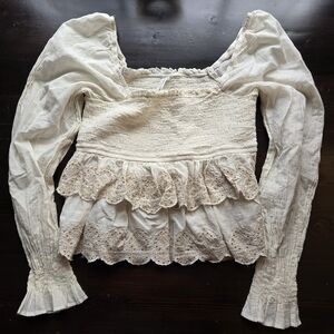 American Eagle Women's Small Smocked Ruffle Tiered Eyelet Cream Top Boho Cottage